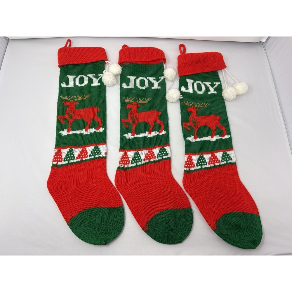 3 Vintage Red Green Joy Reindeer Knit Christmas Stocking PomPom Granny Core 80's